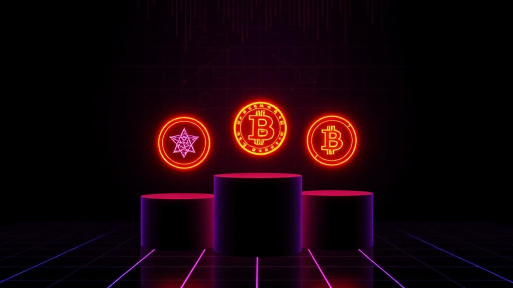 Neon podium of glowing crypto tokens ranked against a cyber grid