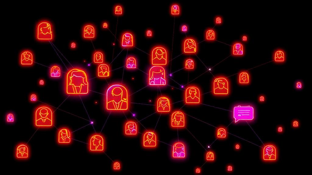 Neon network graph of connected profile avatars and chat bubbles