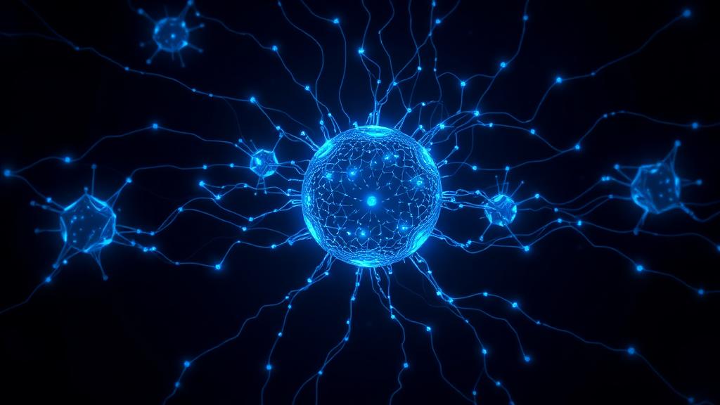 Glowing blue neural network of connected nodes in a dark void