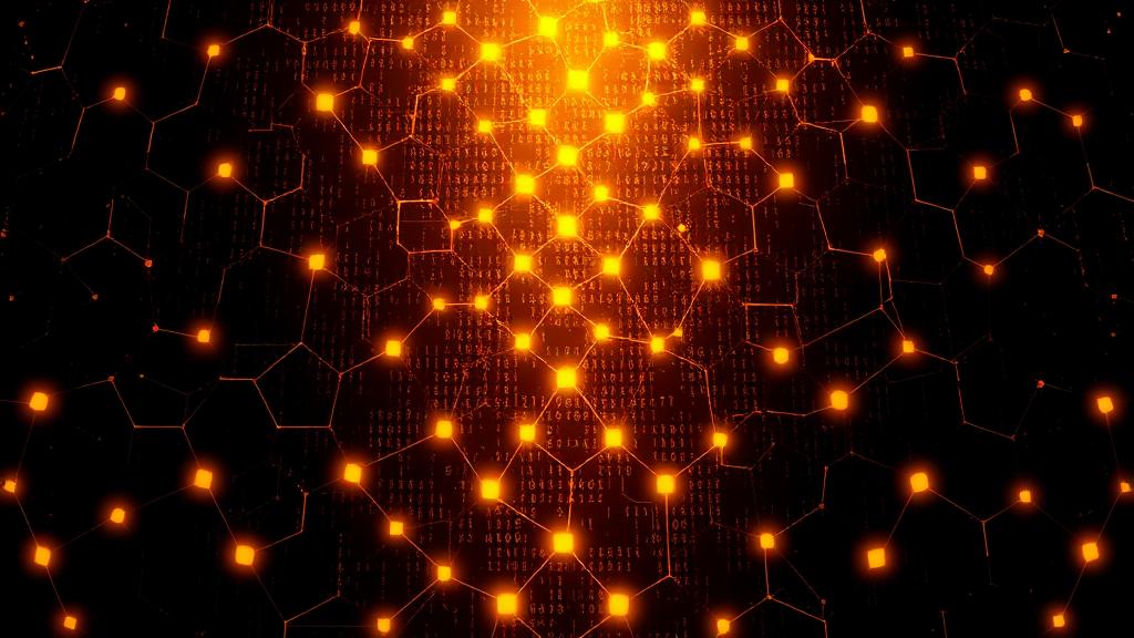 Golden hexagonal blockchain lattice glowing against a black background