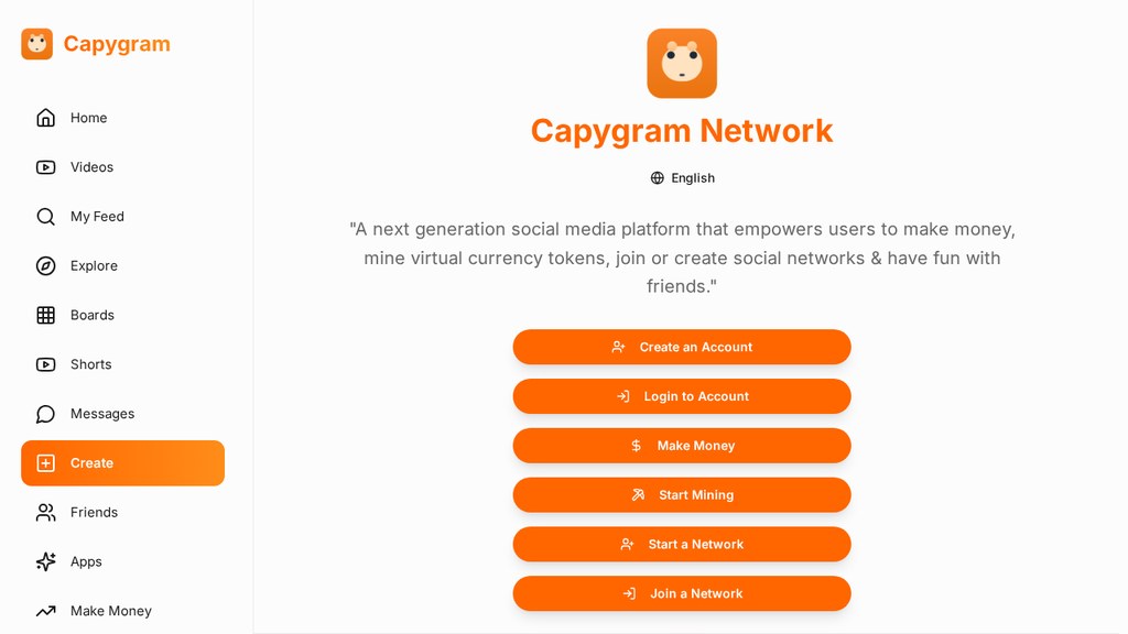 Screenshot of the Capygram Network homepage showing account, mining and network options