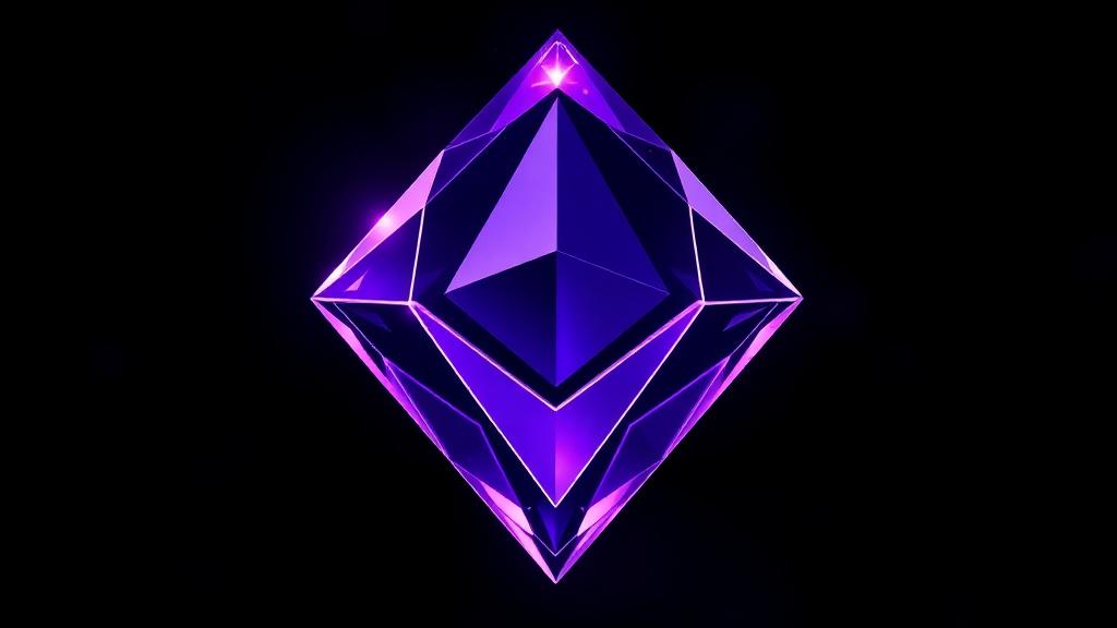 Luminous violet glass Ethereum diamond on a dark background