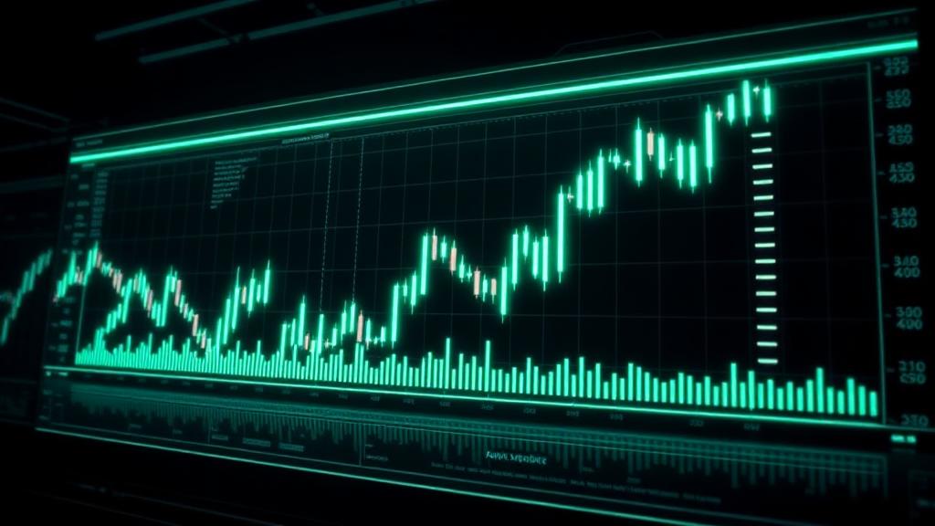 Neon green candlestick trading terminal glowing on a dark screen