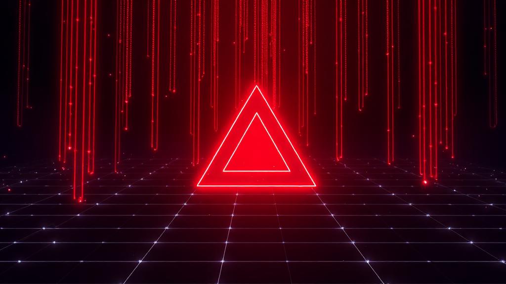 Glowing red neon triangle above a dark grid representing the Tron network